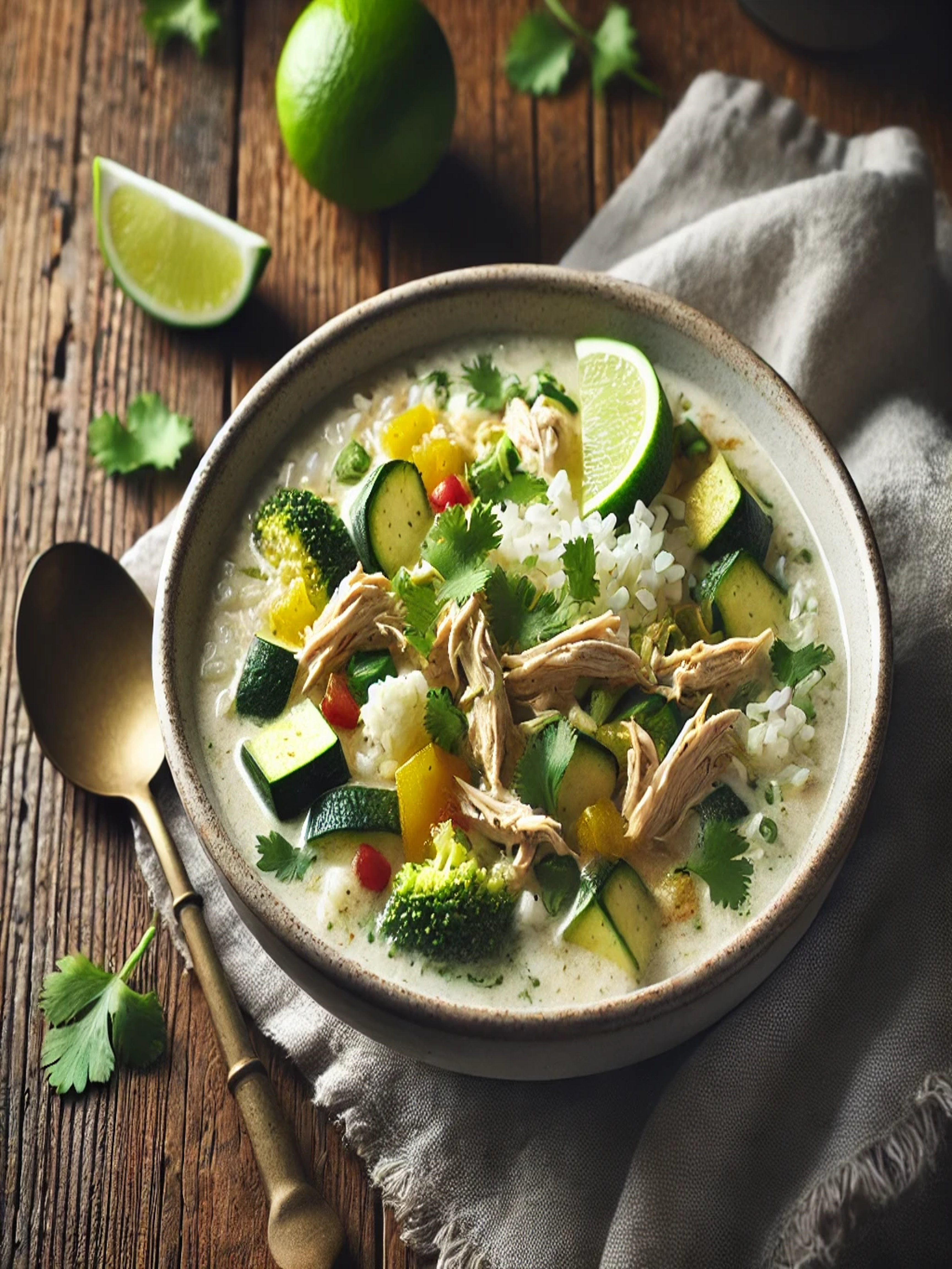 a bowl of the white chicken chili on a napkin with a lime slice spoon and cilantro