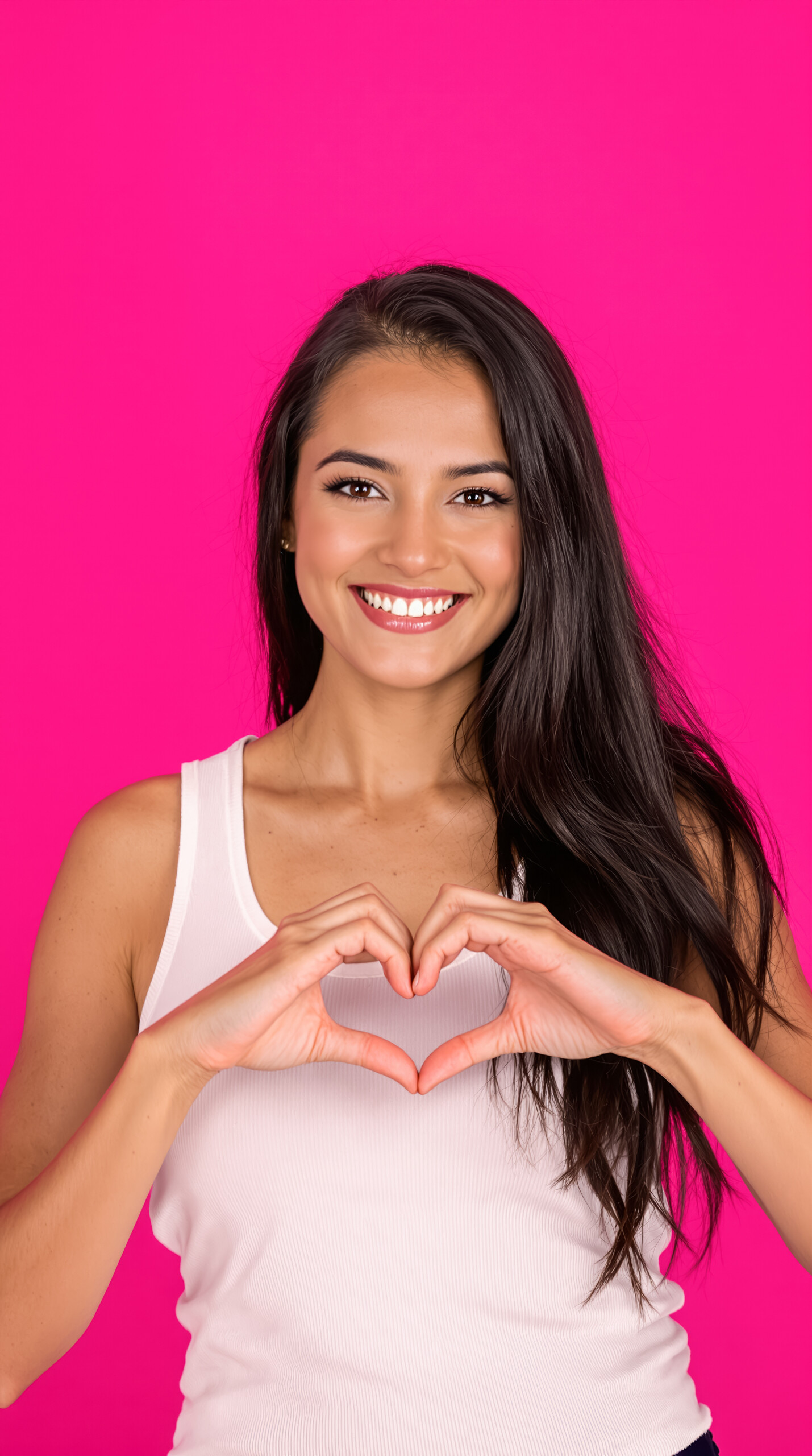 hot pink background with girl in white tank making a heart sign with her hands