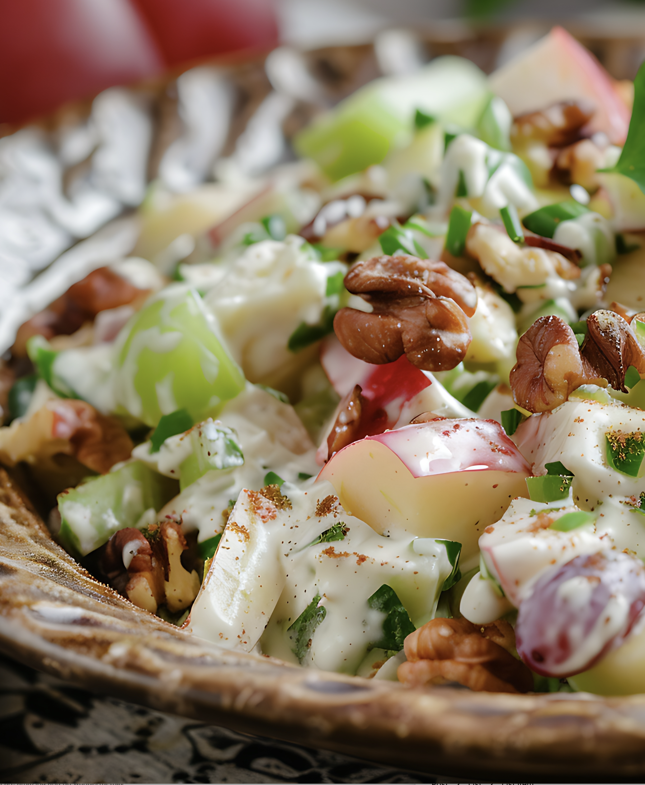 chicken salad with walnuts, grapes, avocado, celery, and apples