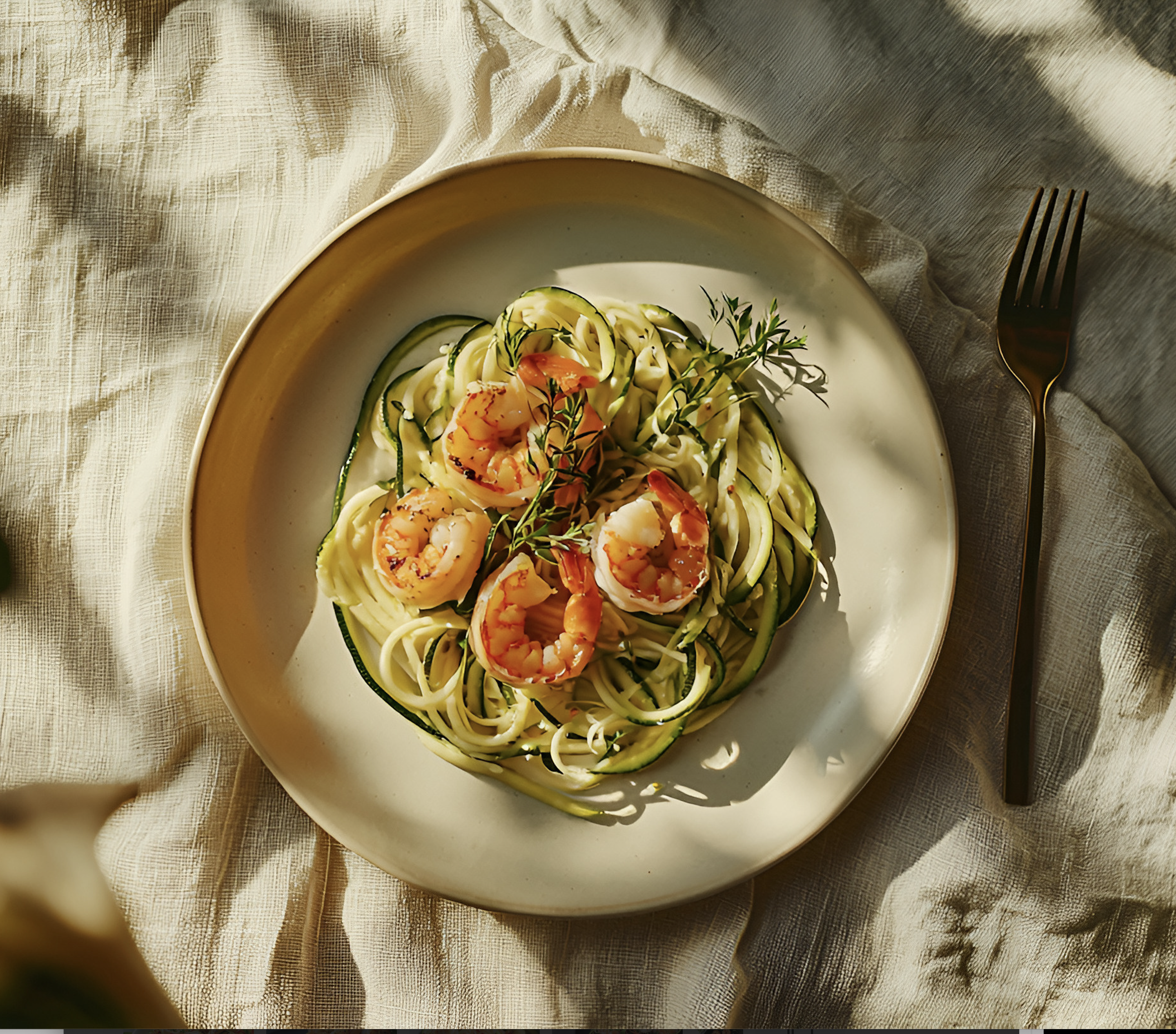 bowl of shrimp and zucchini noodles on canvas table cloth with silver fork