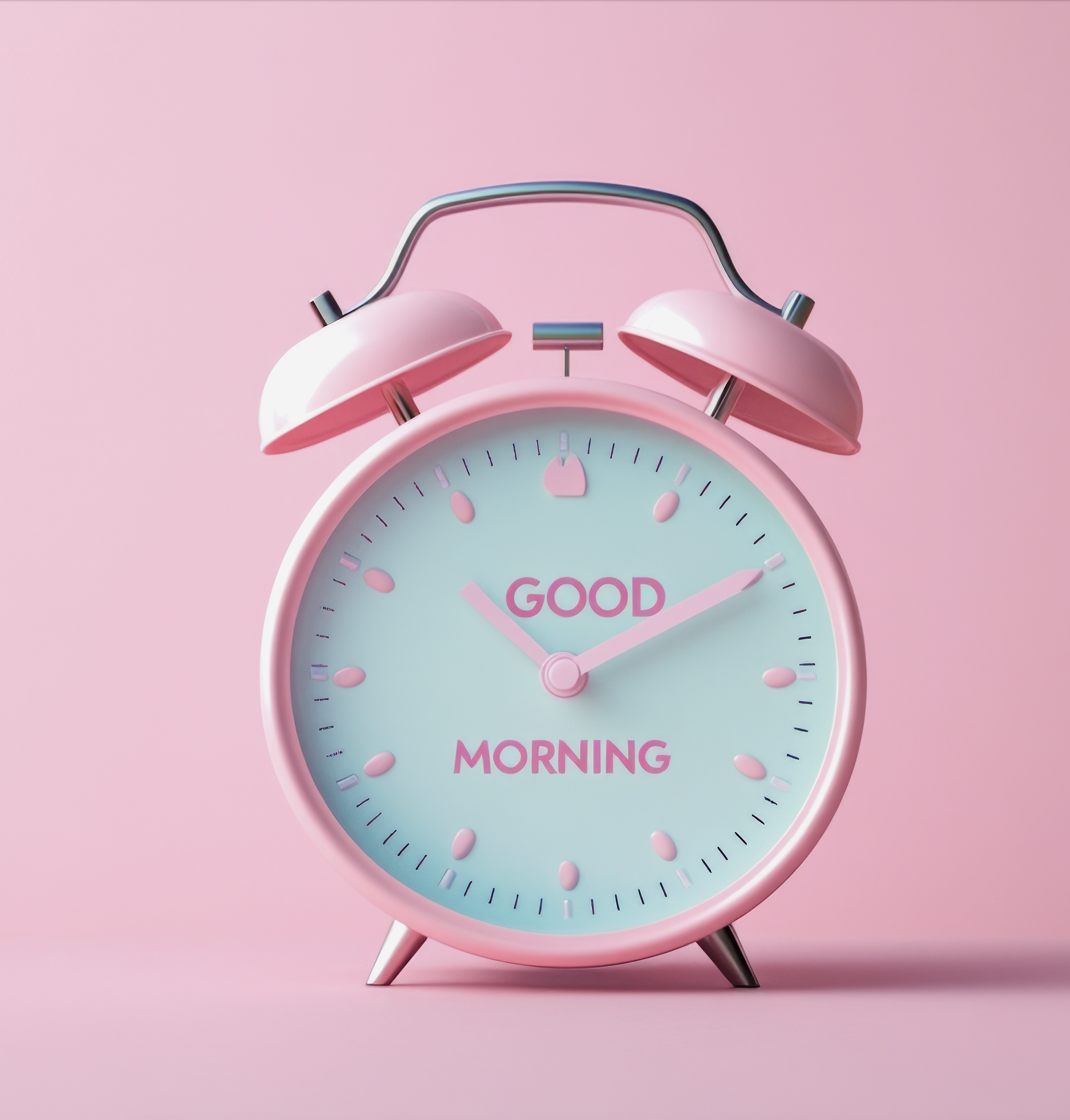 pink background with pink alarm clock that says Good Morning