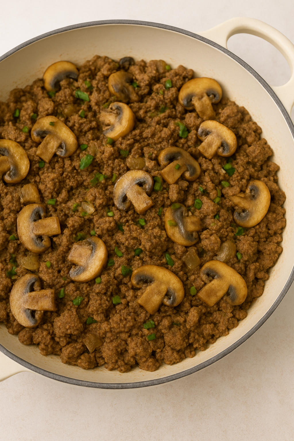 a large skillet with ground beef and mushrooms