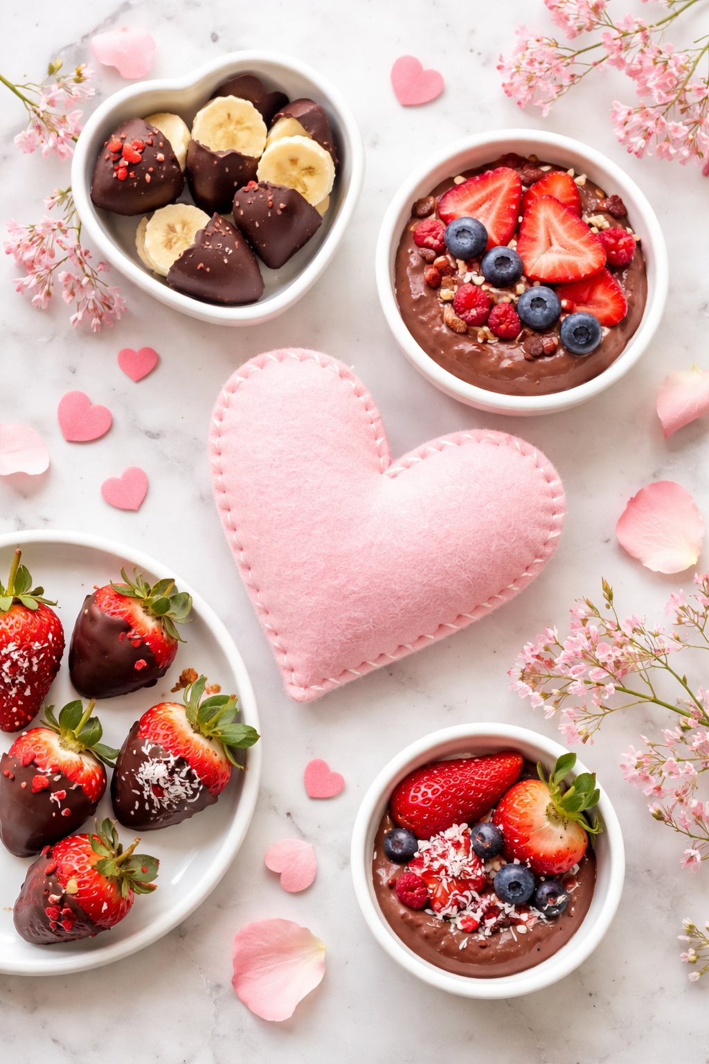 Healthy Valentine’s Day treats arranged around a soft pink heart with chocolate-covered strawberries, banana bites, and yogurt berry bowls on a light marble background