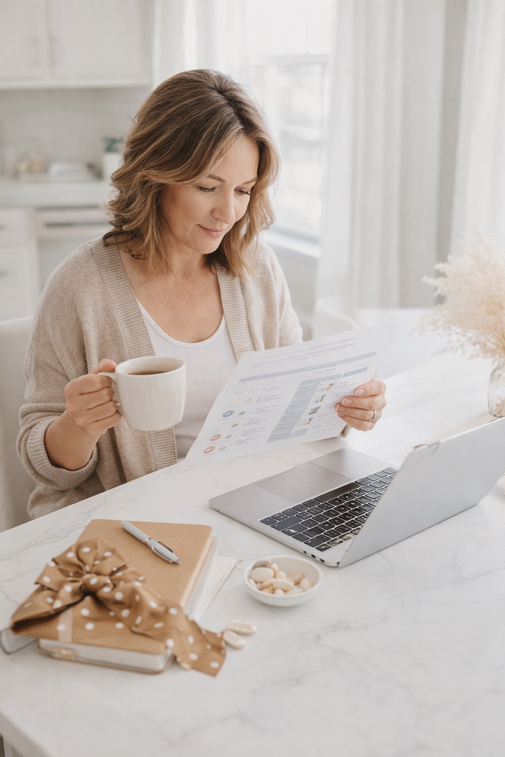 Woman reviewing a personalized nutrition report at a bright kitchen table with coffee, laptop, and supplements in soft neutral tones