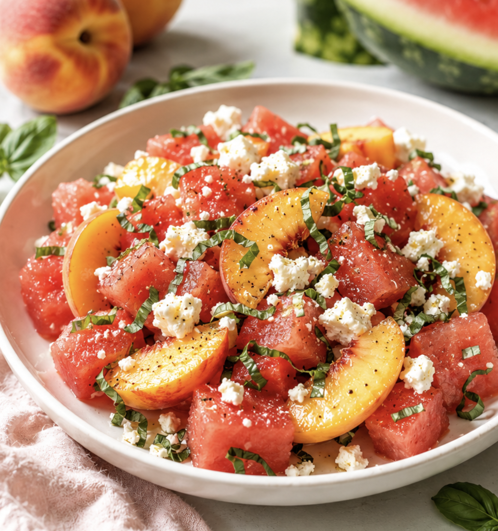 Peach and watermelon summer salad topped with fresh basil and crumbled feta cheese in a white serving bowl, featuring seasonal summer fruit and a light olive oil dressing.